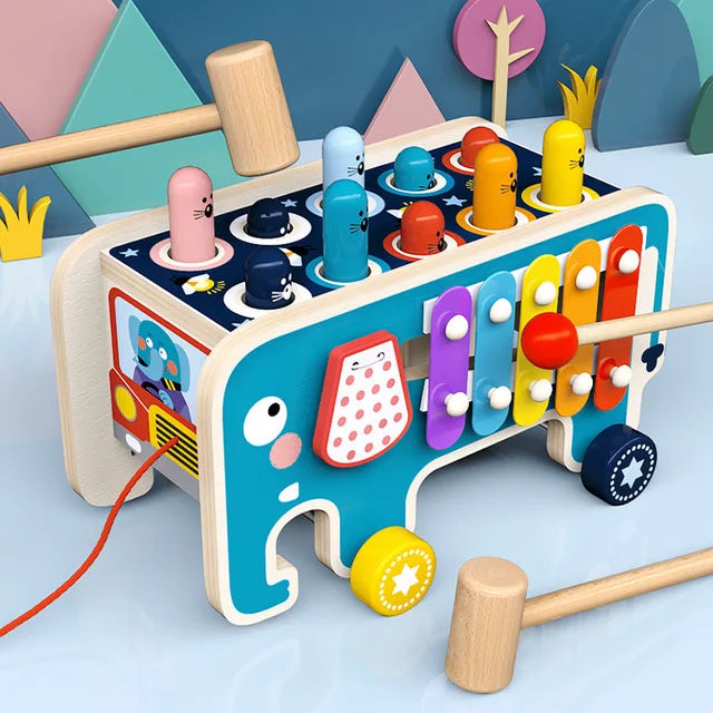 Montessori Motorik-Spielzeug aus Holz – Der kunterbunte Elefantenbus voller Lernspaß!