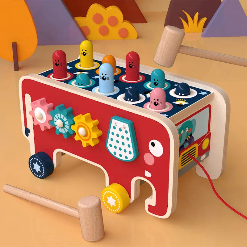 Montessori Motorik-Spielzeug aus Holz – Der kunterbunte Elefantenbus voller Lernspaß!