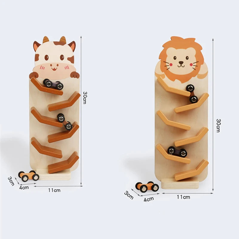 Holz-Autorennbahn mit Mini-Autos – Tier- & Auto-Designs