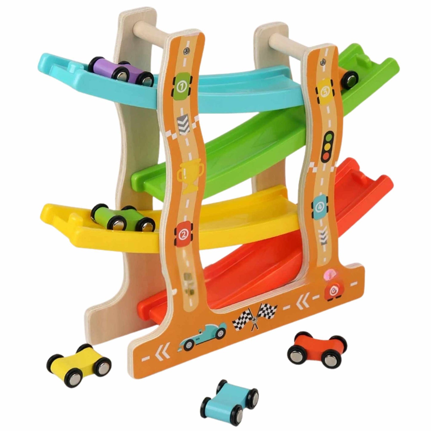 Holz-Autorennbahn mit Mini-Autos – Tier- & Auto-Designs