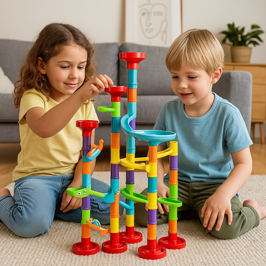 Bunte Murmelbahn mit Bausteinen  für kleine Baumeister