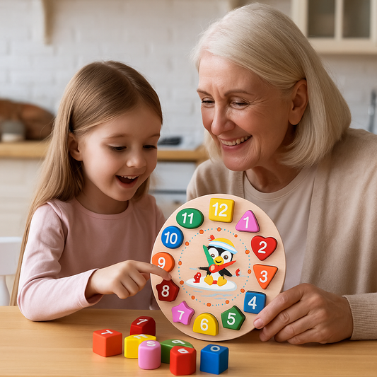 Holz Lernuhr mit Formen und Zahlen – Spielerisch die Uhrzeit lernen