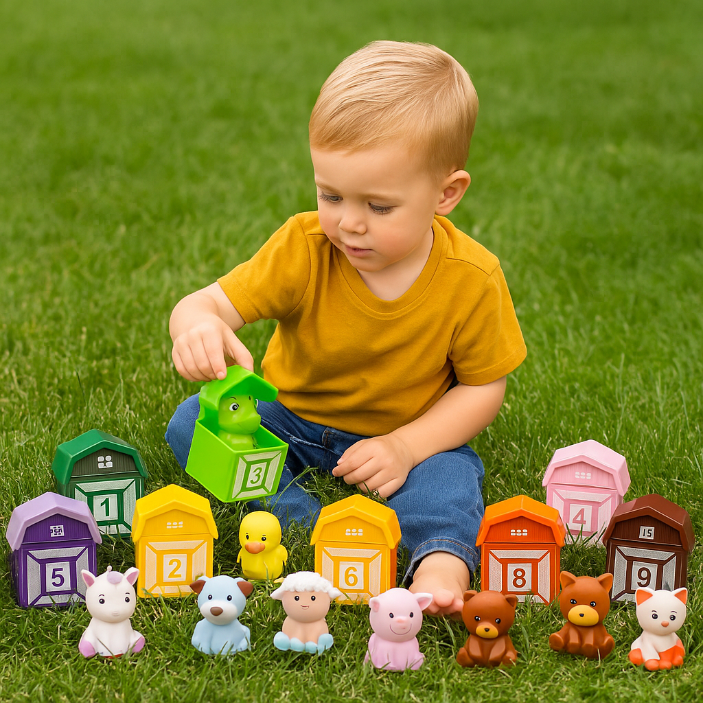 Montessori Bauernhof-Spielset – Lernspaß mit bunten Scheunen & Tierfiguren