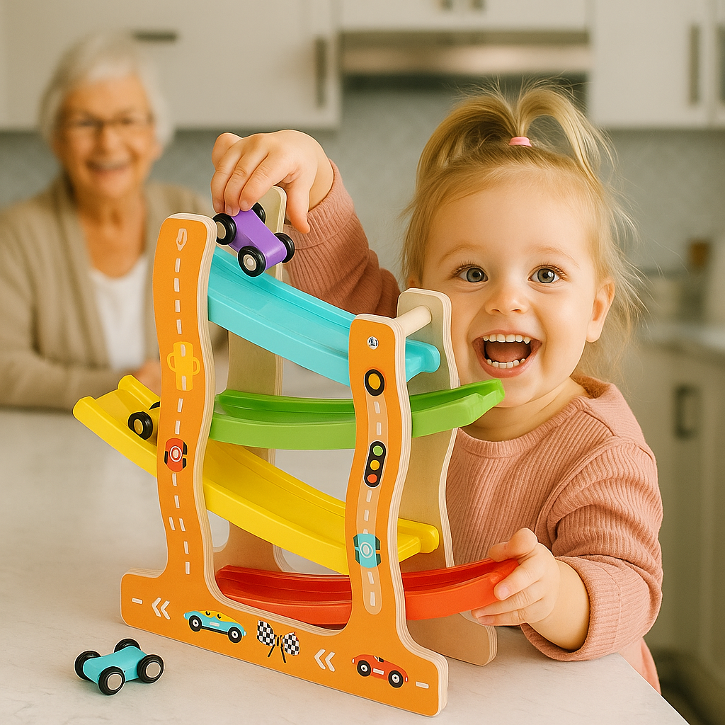 Holz-Autorennbahn mit Mini-Autos – Tier- & Auto-Designs