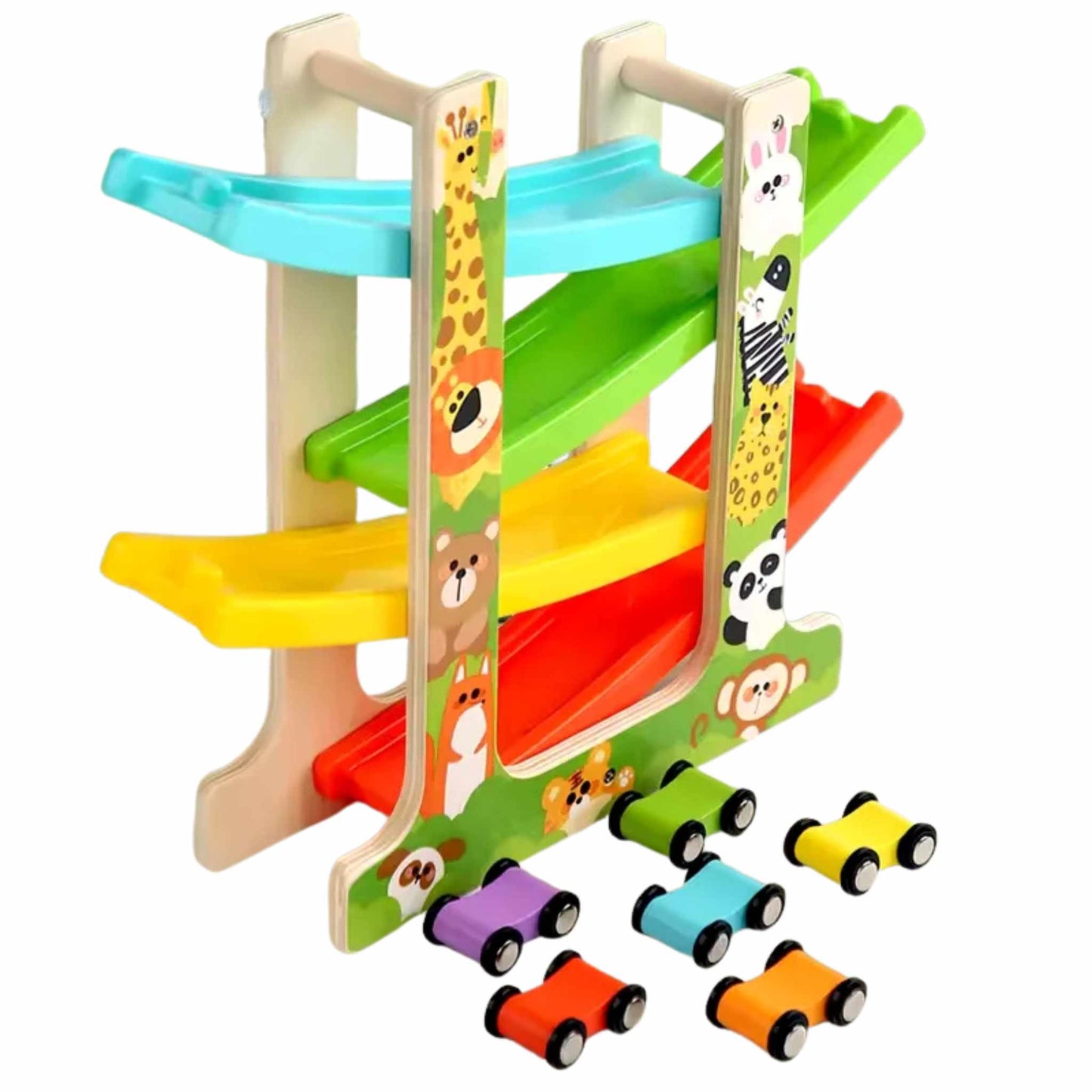 Holz-Autorennbahn mit Mini-Autos – Tier- & Auto-Designs