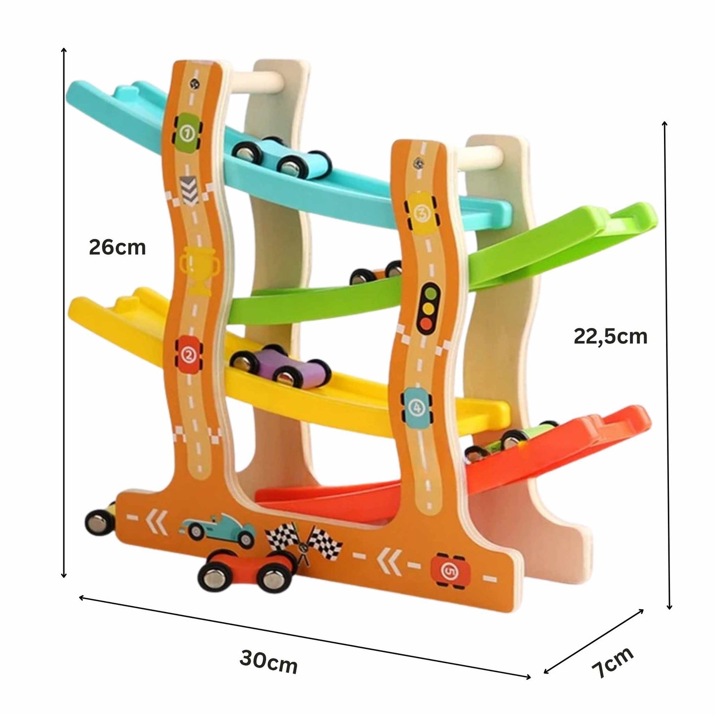 Holz-Autorennbahn mit Mini-Autos – Tier- & Auto-Designs